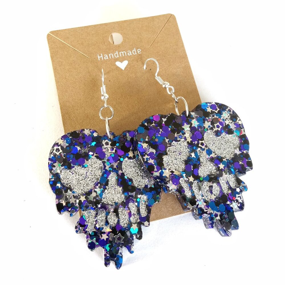 Drippy skulls heart Halloween earrings with purple blue black silver glitter new